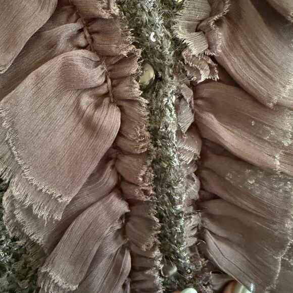 PROJECT ALABAMA | Gray Lightweight Sequin Ruffle Trim Open Knit Cardigan | Small - Picture 5 of 6